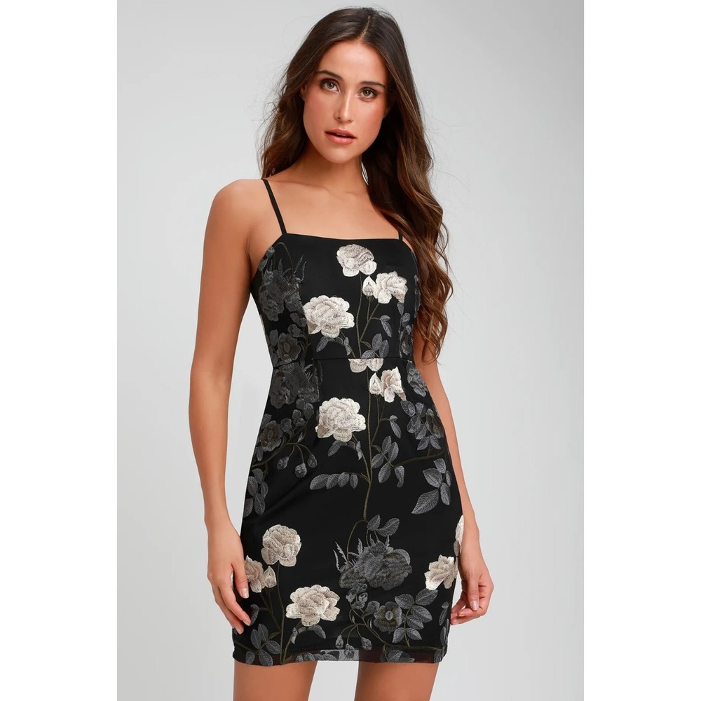 Lulus Dress Elston Black Floral Embroidered Mini Sleeveless Womens Size XL - Picture 2 of 13